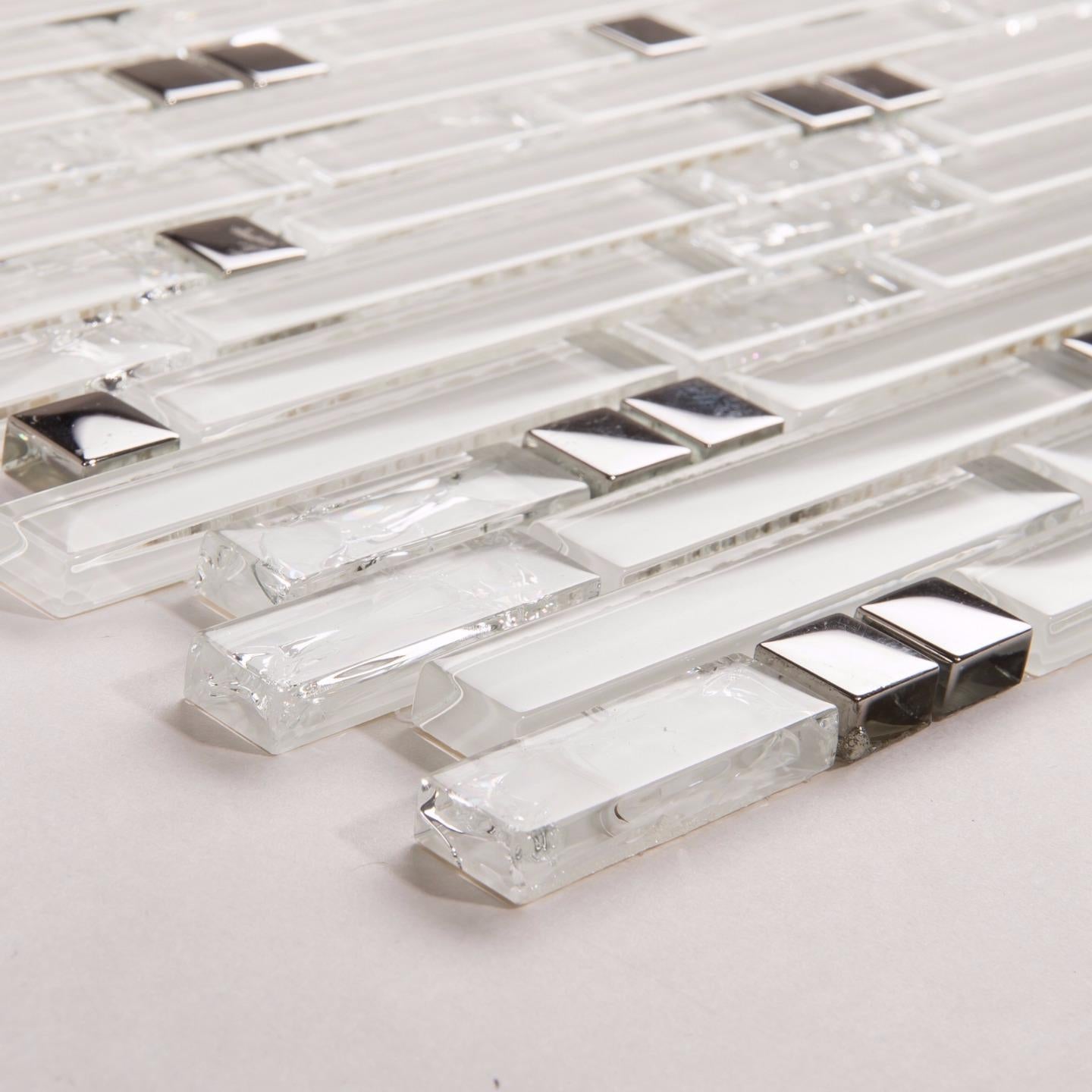 Super white Plain & Crackle and Silver Glass Brick Shape Mosaic Tiles (MT0139)