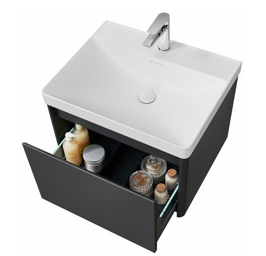 VRB Vogue Matte Grey 600mm Rigid Wall Hung Unit With Handleless LED Drawers LAQ600_GREY