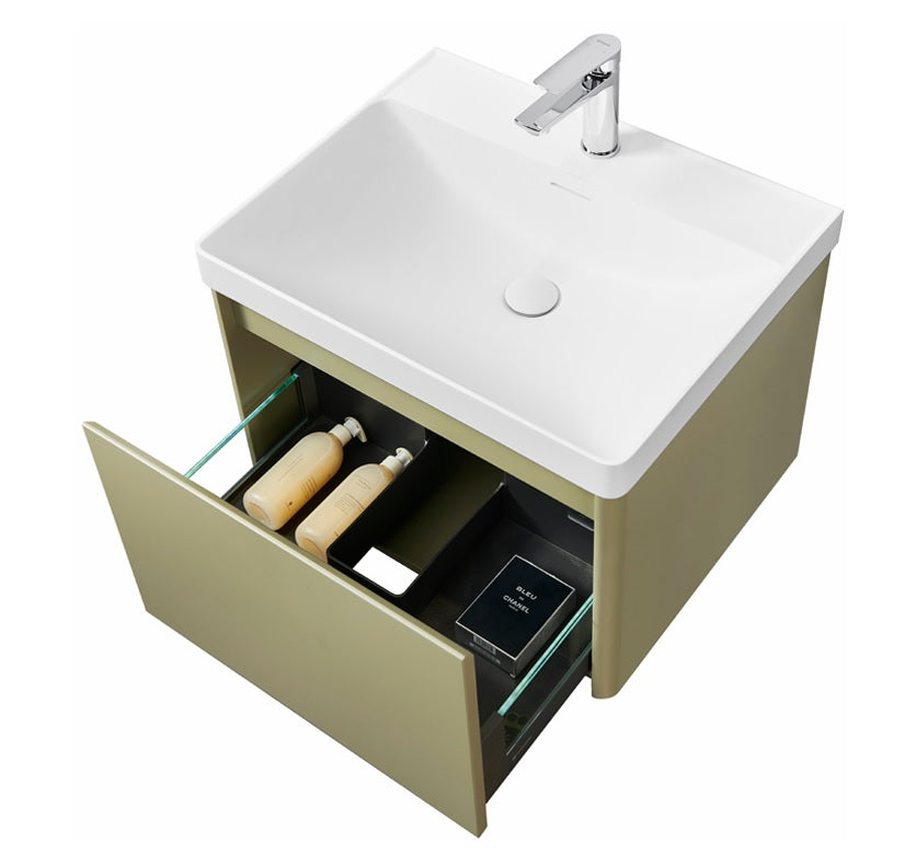 VRB Vogue Olive Green 600mm Rigid Wall Hung Unit With Handleless LED Drawers LAQ600_GREEN