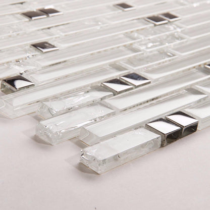 Super white Plain & Crackle and Silver Glass Brick Shape Mosaic Tiles (MT0139)