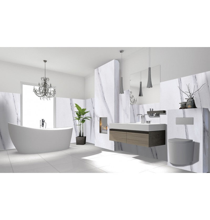 Carrara Marble Gloss Shower Panel on 9mm 100% Waterproof Solid Composite core 2400x1185