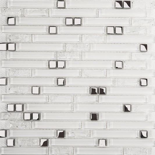 Super white Plain & Crackle and Silver Glass Brick Shape Mosaic Tiles (MT0139)