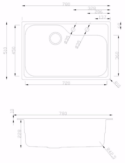 780 x 510mm Polished Large Bowl Stainless Steel Sink (LA097)