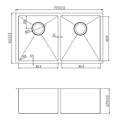 793 x 461mm Undermount Double Bowl Handmade Stainless Steel Kitchen Sink With Easy Clean Corners (DS020)
