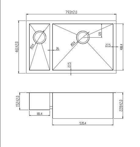 793 x 461mm Undermount 1.5 Bowl Handmade Stainless Steel Kitchen Sink (DS032)